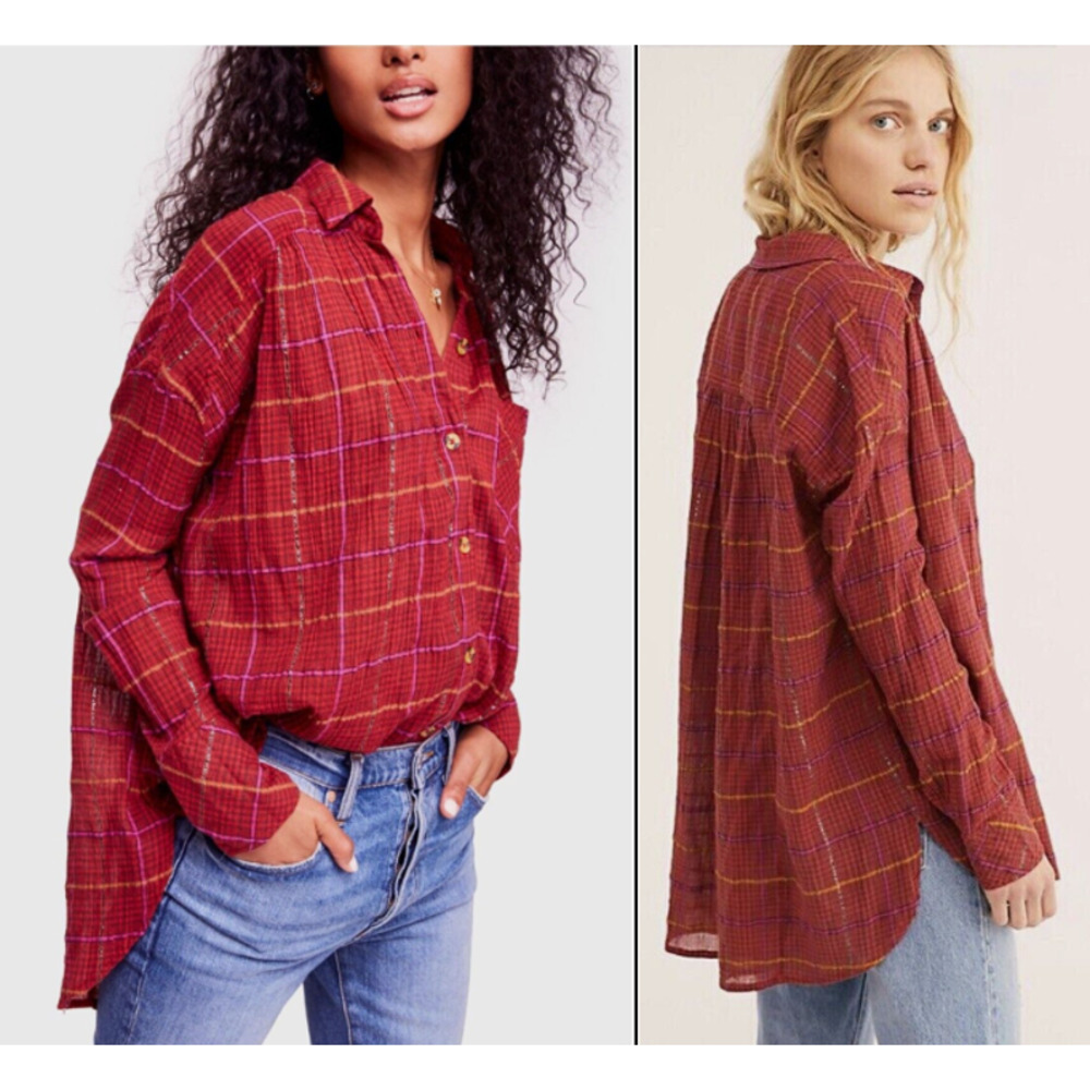 Free People | Oversized Boxy Red Metallic Plaid Break My Stride Button-Up Top